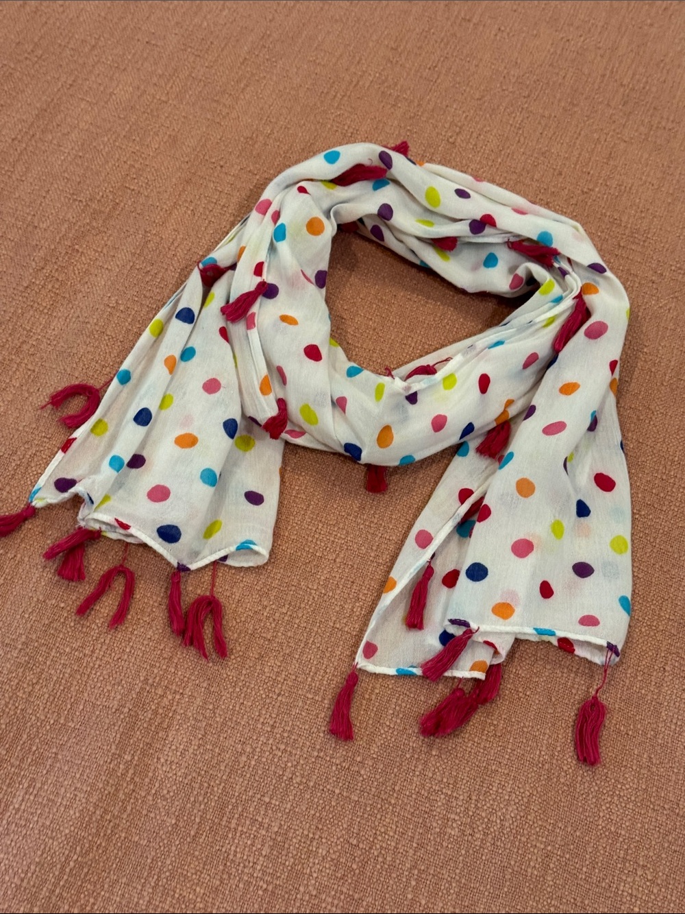 Lands' End White Polka Dot scarf with Magenta Tassels